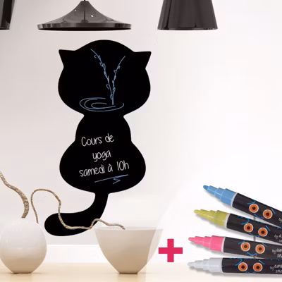 Sticker ardoise tableau noir – stickers muraux adhésif effaçable – CHAT MIGNON + 4 CRAIES LIQUIDES – 175x95cm