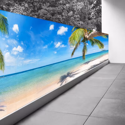 Brise vue Trompe l&rsquo;oeil – 90×382 cm – Vue plage cocotiers 3617689696454