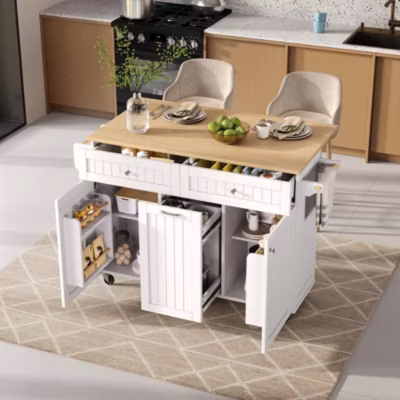 Îlot de Cuisine – Desserte de Cuisine Mobile Blanche avec Plateau Extensible et Roulettes – 140×40-70×92 cm, MDF + PB