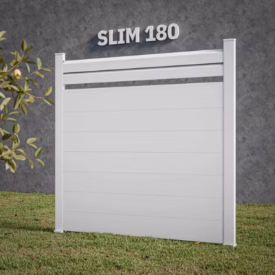 Kit Clôture SLIM PVC Blanc H. 180 cm x L. 5.60 m – 2 Lisses claire-voie + 7 Soubassements