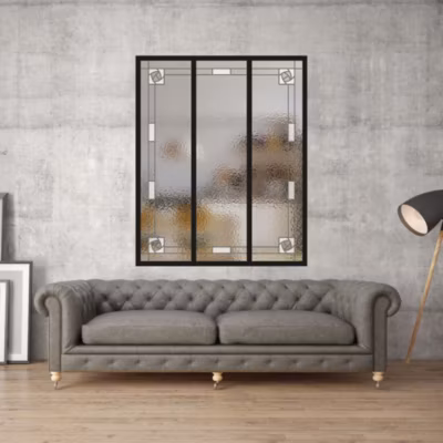 Verrière 3 verres Mackintosh – L x H : 102 x 125 cm – Laqué noir 9005 granité – verre Sahara inclus
