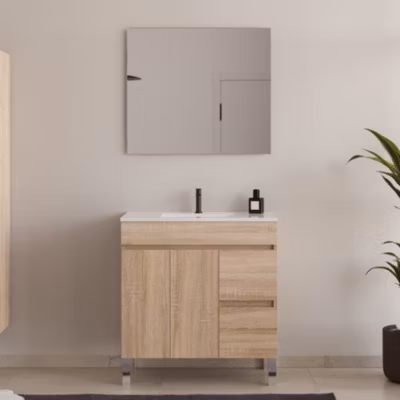 Meuble de salle de bain 80cm simple vasque sur pieds avec portes et tiroirs – cambrian (chêne clair) – HARO