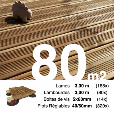 Kit complet terrasse Pin autoclave Marron pour 80 m², Lames 3,3 m, lambourdes 3 m, plots réglables et visserie Inox.