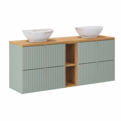 Meuble double vasque 140cm 4 tiroirs 2 niches Jade Vert et Bois