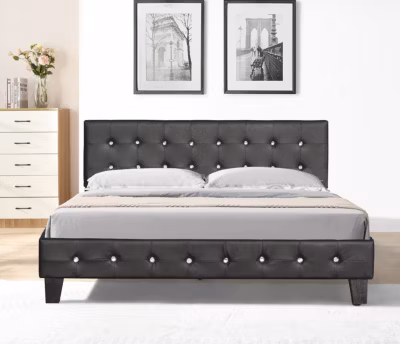Lit 140×200 cm – avec sommier – tete de lit capitonnee noir – pieds 10 cm – 13 lattes – confort optimal – design moderne