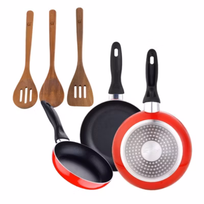 Ensemble de 3 poeles a frire San Ignacio Navy Red 16-20-24cm avec ustensiles de cuisine
