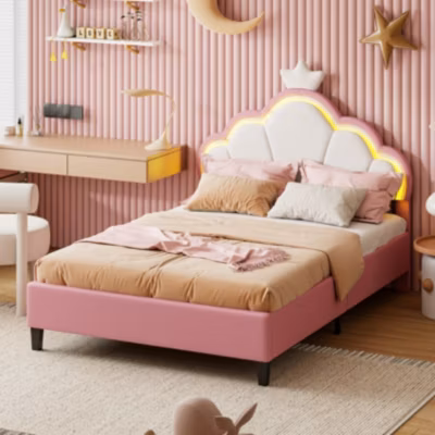 Lit simple, Lit enfant 90 x 200 cm avec bande lumineuse LED, en cuir PU, Rose