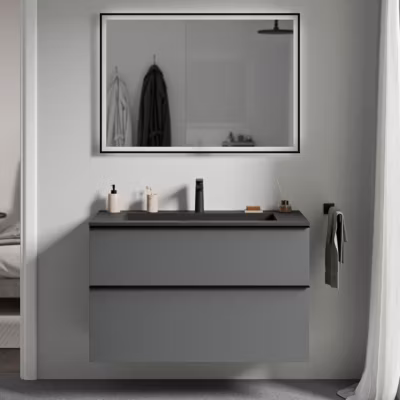 Meuble vasque suspendu MDF Anthracite mat, lavabo fonte Noir mat + trou robinet, poignée Chrome – 100x46x62cm – LAVOA
