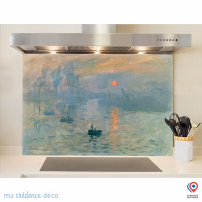 Crédence cuisine fond de hotte Claude Monet, Soleil levant – Verre trempé – L 90 cm x H 70 cm – MaCrédenceDéco