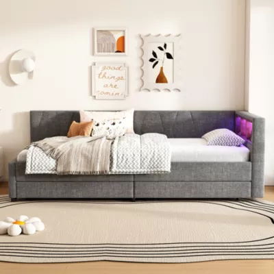 Canape lit 90×200 cm avec LED multicolore ports USB Type C et rangements integres revetement lin gris