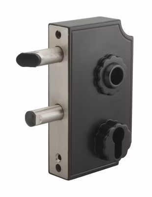 Boitier de serrure à visser double entrée à fouillot pour portail, réversible, axe 58mm, 95x140mm, noir rustique – THIRARD