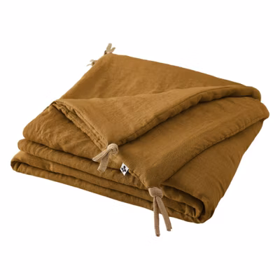 Édredon 90 x 200 cm lin lavé caramel avec 4 nouettes en jute – LUISA