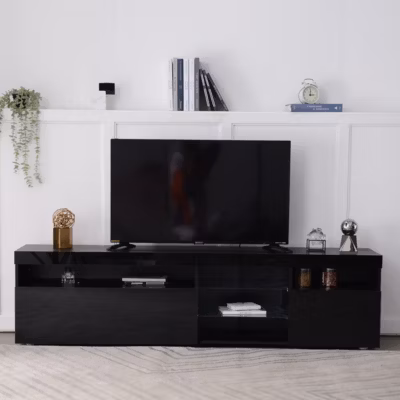 Meuble TV 180x35x48 cm noir laqué avec éclairage LED variable et panneaux en verre laminé MDF robuste