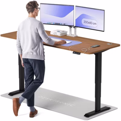 Desktronic Bureau assis debout HomePro 200x80cm – Électrique Réglable en Hauteur – Chargeur USB/USB-C – Noir/Noyer