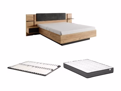 Lit avec chevets 160 x 200 cm – Avec LEDs – Coloris : Naturel et anthracite + Sommier + Matelas Confort – ELYNIA