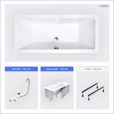 Baignoire rectangulaire – 165 x 75 cm – avec Habillage – Pieds – Vidage Chrome – QUADRO SLIM