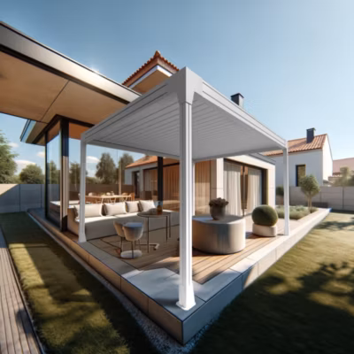 Pergola bioclimatique HELY îlot 4,00×3,929m Vérin à télécommande (Blanc)