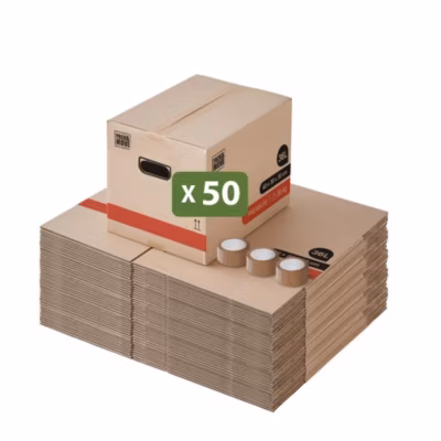 Lot 50 Cartons Déménagement Livres Premium – 40 X 30 X 30 Cm – Extrême Résistance 30 KG – Poignées Renforcées – 3 Adhésifs Offerts