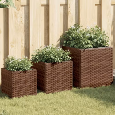 Jardinières d&rsquo;extérieur 3 pcs,Lot de 3 Pot de fleur,Bac à fleurs marron résine tressée