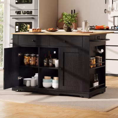 Îlot de Cuisine Mobile avec Plan de Travail, Prise Intégrée et Rangement Multifonction – MDF et Métal – Noir 151,5×84,7×91,7 cm