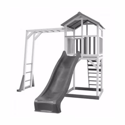 AXI Structure de jeu Beach Tower  Blanc Gris  avec cadre escalade et toboggan Gris