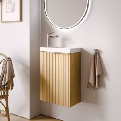 Meuble vasque Beige strié de salle de bain 40x22x55cm (LxPxH) + vasque céramique, Poignée Chrome – TIM40