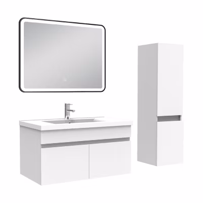 Meuble simple vasque 80cm avec colonne + miroir lumineux blanc