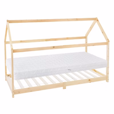 Lit d&rsquo;enfant ML-Design 90×200 cm naturel en bois de pin massif style maison avec matelas H:16 cm