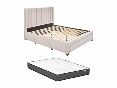 Lit avec 3 tiroirs 140 x 200 cm – Tissu – Beige + Matelas – LIAKO