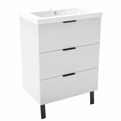 Meuble de salle de bain mural avec pieds Blanc 60 cm – 3 tiroirs, lavabo inclus, AICA Sanitaire