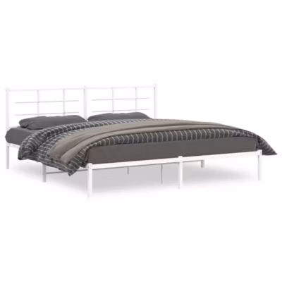 Lit double, Lit adulte, Cadre de lit métal sans matelas et tête de lit blanc 193×203 cm