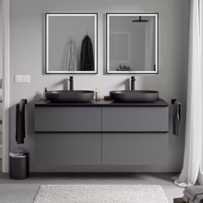 Meuble sous vasque suspendu MDF Anthracite mat, plan vasque Bleu nuit mat, poignée Chrome – 140x46x62cm – LAVOA