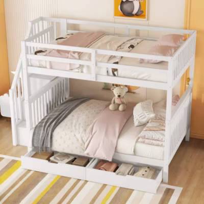 Lit Superposé 140×200 cm – Lit Junior avec Étagère Escalier et 2 Tiroirs, Sans Matelas – Bois de Pin et MDF – Blanc