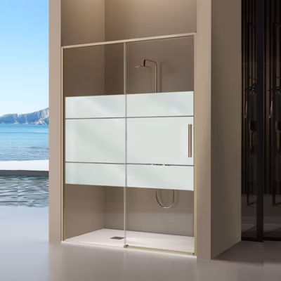 Paroi de douche coulissante DELTA – Doré (Or Brossé) – Sérigraphié – 180-182.6 cm – Fermeture amortie – Réversible – Anticalcaire