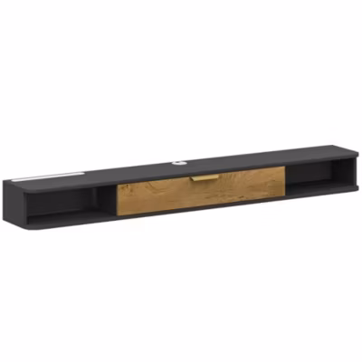 Meuble TV design suspendu – meuble TV mural – 2 niches, porte abbatante – dim. 160 x 24 x 16 cm – gris charbon effet bois