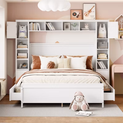 Lit adulte lit 140×200 cm lit sommier à lattes avec 4 tiroirs et armoire de rangement lit double bois massif blanc