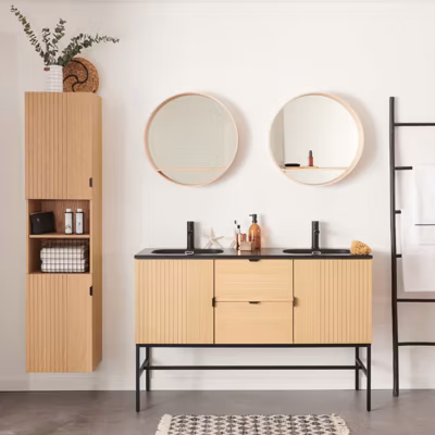 Meuble double vasque 140cm chêne STUDIO sur pieds + miroir rond + colonne