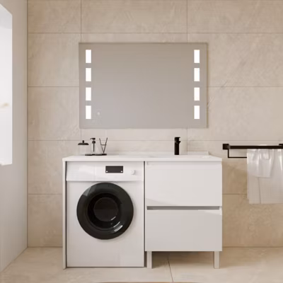 Meuble lave-linge IDEA, plan vasque déportée + Miroir Prestige Plus- Blanc- Vasque à droite