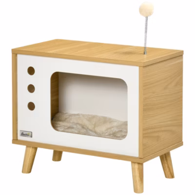 Maison pour chat design poste de télévision – niche chat panier chat – 2 coussins amovibles – aspect bois clair blanc