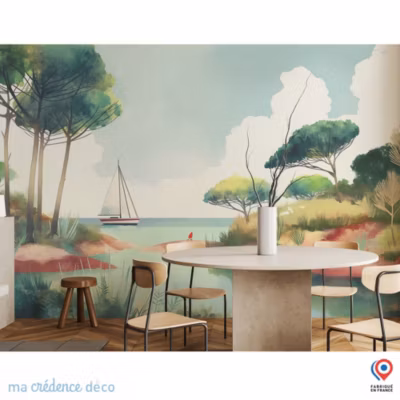 Papier peint Cyprès et bateau, Peinture – Intissé – 200 cm – 280 cm – MaCrédenceDéco