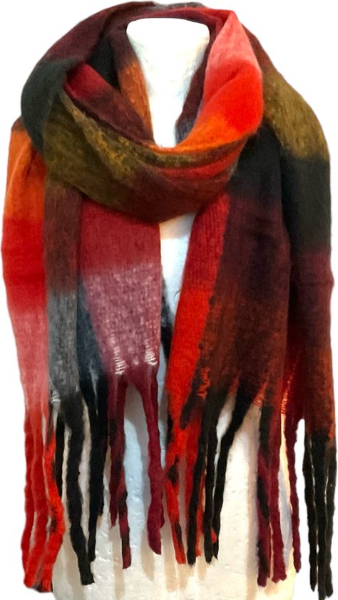 Écharpe – Qualité épaisse – À carreaux – Rouge/ Zwart – 220 x 52 cm (999136#)