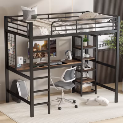 Lit mezzanine 90×200 cm – Lit avec table intégrée et rangement latéral – Métal + MDF – Sans matelas – Noir