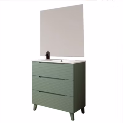 Meuble de salle de bain avec vasque, miroir et applique LED BOREAL 100×45 cm finition VERT LAC mat 3 tiroirs avec pieds Kibath