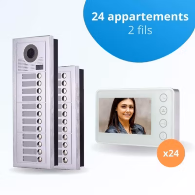 Portier interphone vidéo modern 2 fils – 24 appartements – 24 écrans blancs