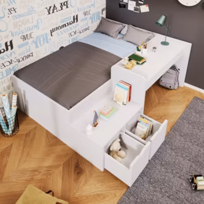 Lit 90×200 cm avec bureau et tiroirs en bois massif blanc, design moderne et gain de place
