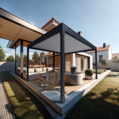 Pergola bioclimatique HELY îlot 4,50×5,154m Vérin à télécommande (Gris anthracite / Blanc)