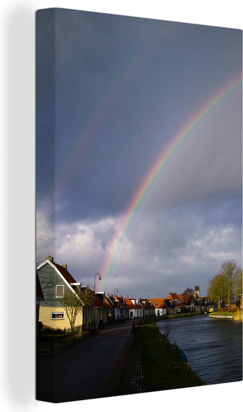 Double arc-en-ciel sur un village frison 120×180 cm – Tirage photo sur toile (Décoration murale salon / chambre) XXL / Groot format!