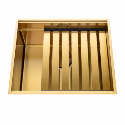 Évier sous-plan inox PVD doré Luisina LEGATO+ 1 bac 550×450 – Égouttoir planche cache bonde inclus
