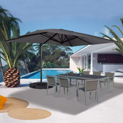 Parasol déporté inclinable rotatif 360 CALVI gris 3×4 M avec 4 dalles et housse