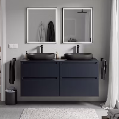 Meuble sous vasque suspendu MDF & plan vasque Bleu nuit mat, tiroirs pivotants – 120x46x62cm – VIREO